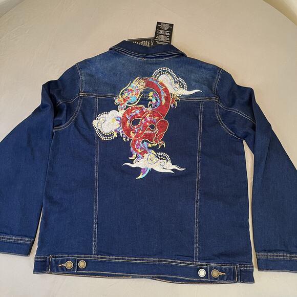 Women's DG2 Diane Gilman Denim Jacket Med Dragon Annivers Rhinestone Embroidered - Picture 2 of 9